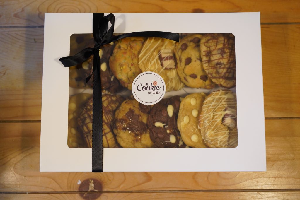 Gift wrapped cookie box with ribbon